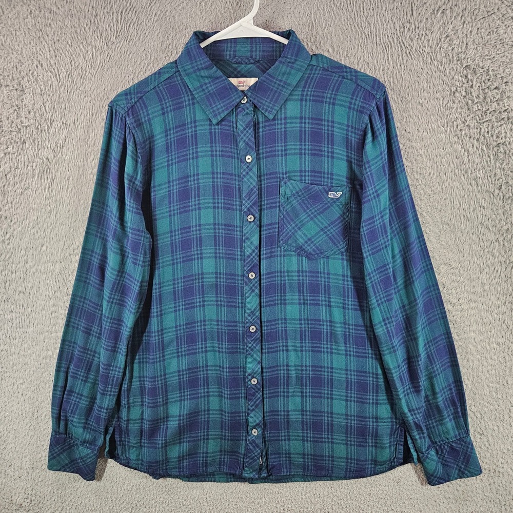 Vineyard Vines Womens Teal Navy Blue Plaid Rayon Button Down Shirt Size 4